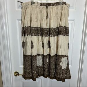 Veranesi Cream and Brown Midi A-Line Skirt with Smocked Tie Waist